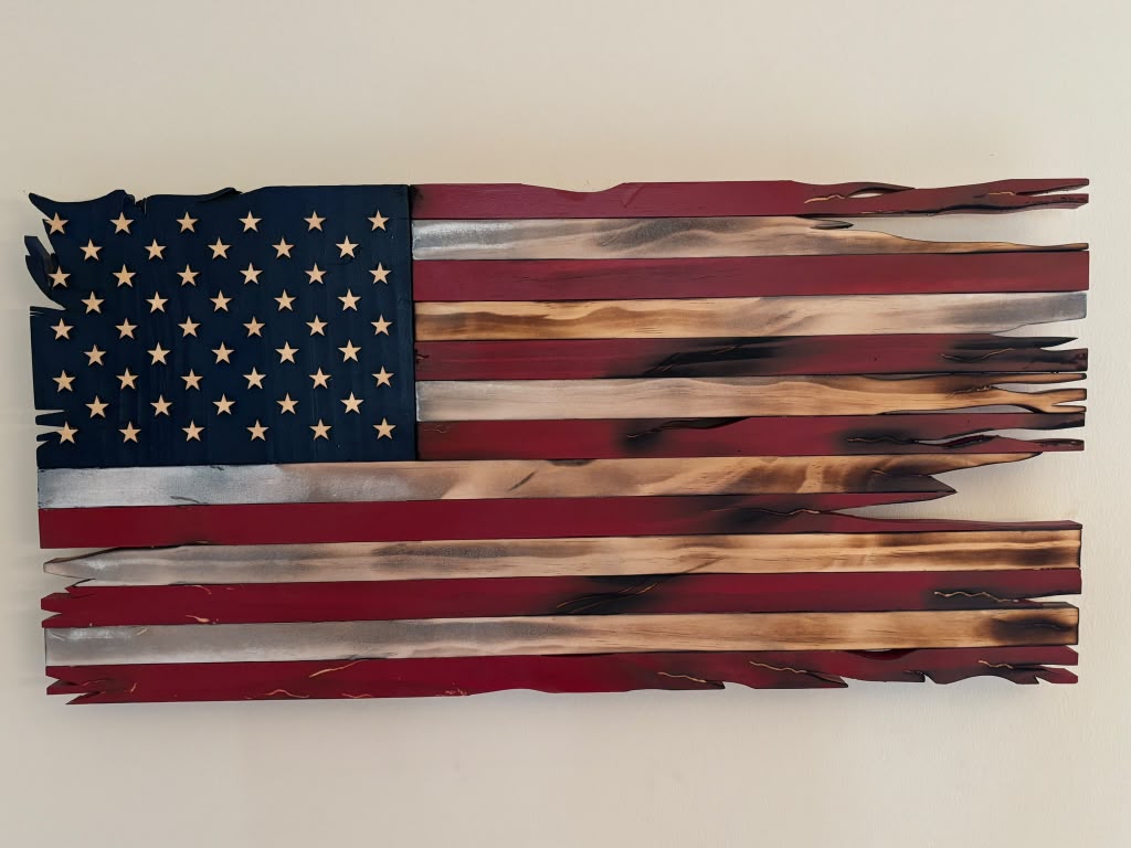 Handcrafted tattered wooden American flag